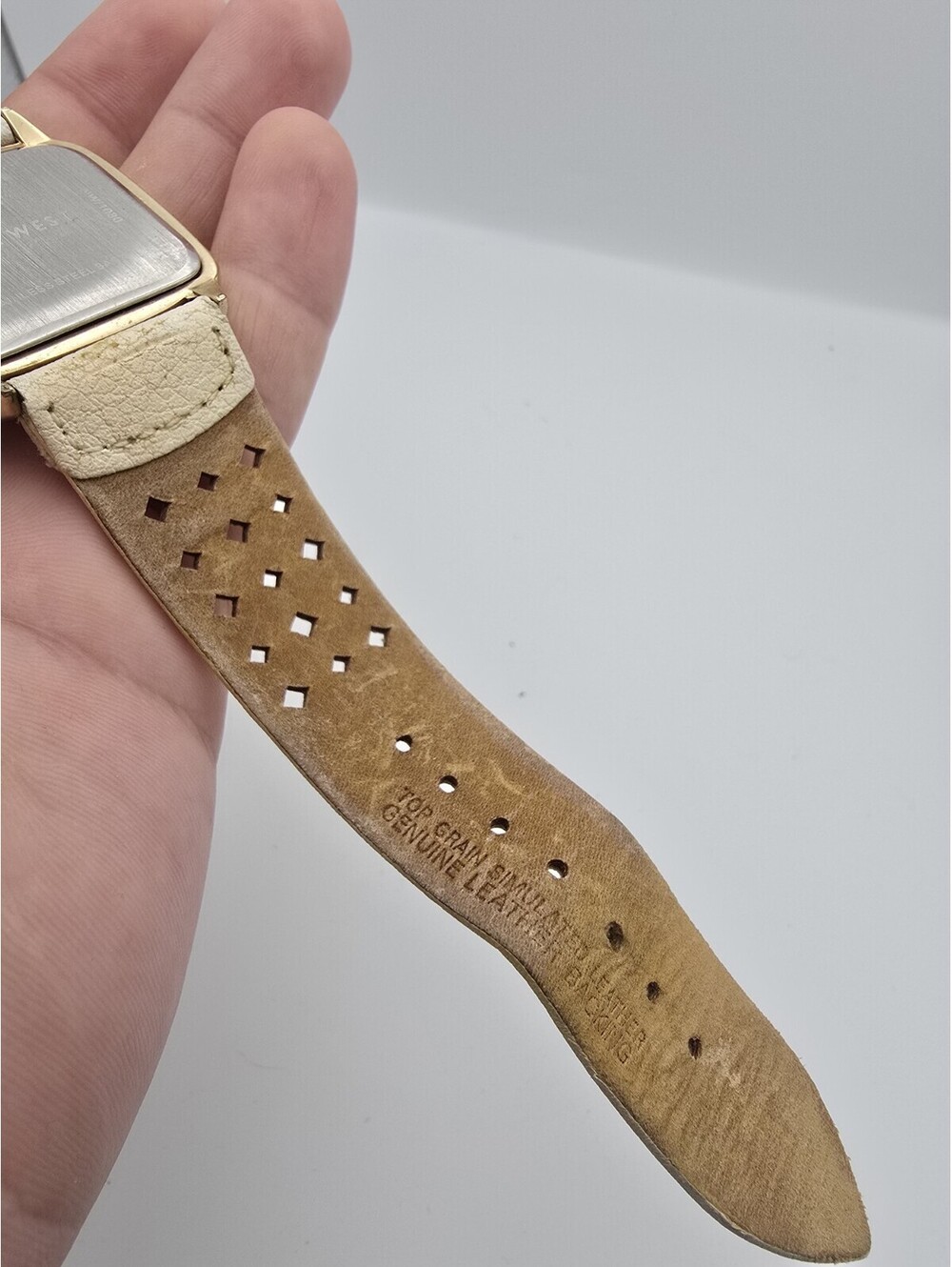 Nine West NW/1080 Gold Tone Tonneau Cream Perforated Leather Analog Quartz Watch - Picture 7 of 9